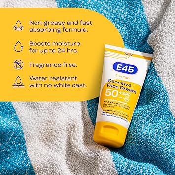 E45 SPF50 Sensitive Sun Cream for Face with Hyaluronic Acid UVA and UVB Protection FragranceFree and Dermatologically Tested Sunscreen Suitable For Dry Sensitive and Eczema Prone Skin 50ml - Image 5