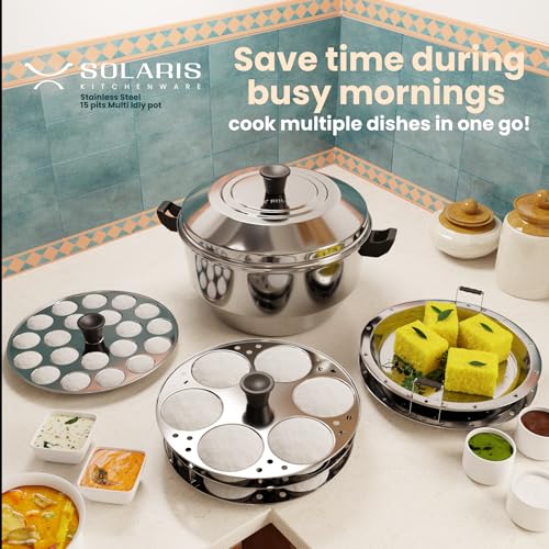 Solaris Kitchenware Stainless Steel Idli Pot | 3 idly plates (20 pits) | 1 mini idli plate (20 pits) | Lightweight | Momos, dhoklas, veggies | Multipurpose - Image 4