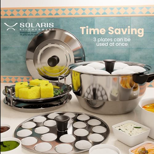 Solaris Kitchenware Stainless Steel Idli Pot | 3 idly plates (20 pits) | 1 mini idli plate (20 pits) | Lightweight | Momos, dhoklas, veggies | Multipurpose - Image 5