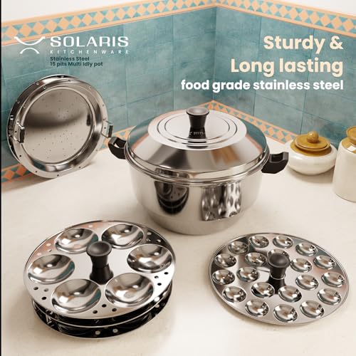 Solaris Kitchenware Stainless Steel Idli Pot | 3 idly plates (20 pits) | 1 mini idli plate (20 pits) | Lightweight | Momos, dhoklas, veggies | Multipurpose - Image 2