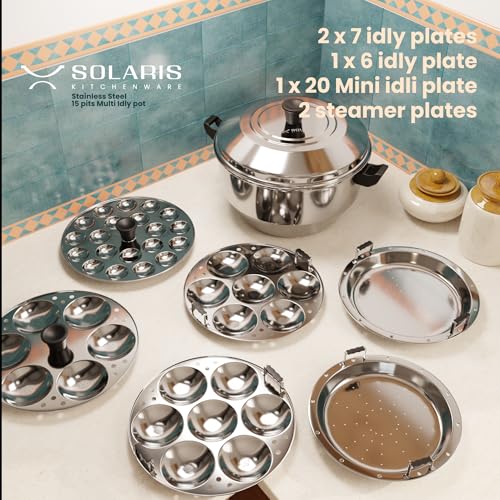 Solaris Kitchenware Stainless Steel Idli Pot | 3 idly plates (20 pits) | 1 mini idli plate (20 pits) | Lightweight | Momos, dhoklas, veggies | Multipurpose - Image 3