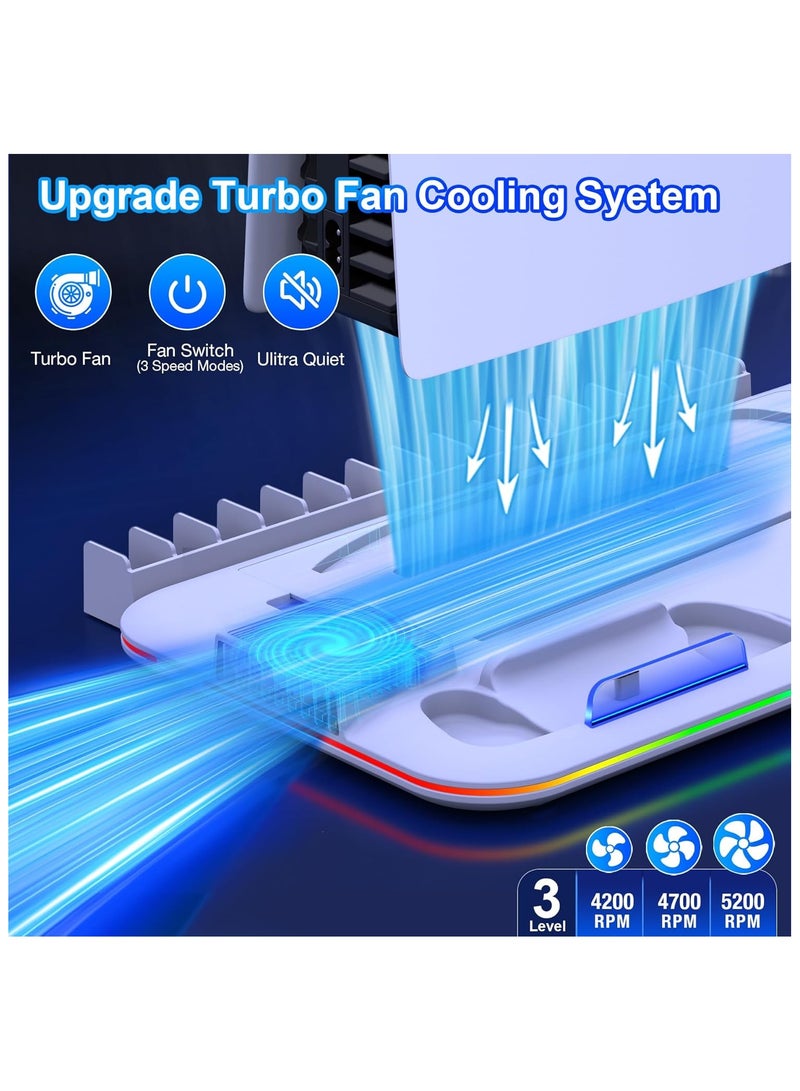 PS5/Slim/Pro Stand and Cooling Station for PlayStation 5 Consoles, PS5/Pro/Slim Accessories with 3-Level Cooler Fan, PS5 Controller Charger, Cooling Satnd, Headset Holder, 15 Game Slots, White  - Image 2