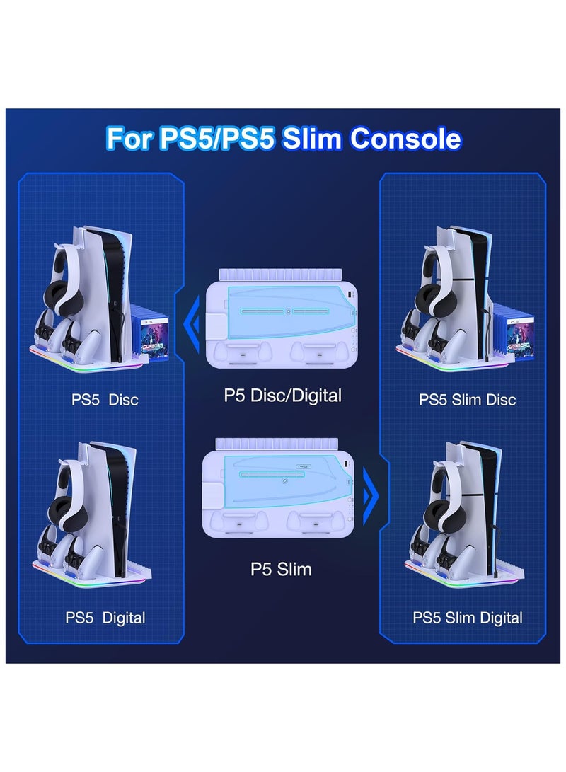 PS5/Slim/Pro Stand and Cooling Station for PlayStation 5 Consoles, PS5/Pro/Slim Accessories with 3-Level Cooler Fan, PS5 Controller Charger, Cooling Satnd, Headset Holder, 15 Game Slots, White  - Image 3