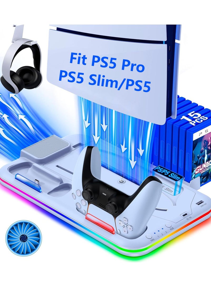 PS5/Slim/Pro Stand and Cooling Station for PlayStation 5 Consoles, PS5/Pro/Slim Accessories with 3-Level Cooler Fan, PS5 Controller Charger, Cooling Satnd, Headset Holder, 15 Game Slots, White  - Image 1