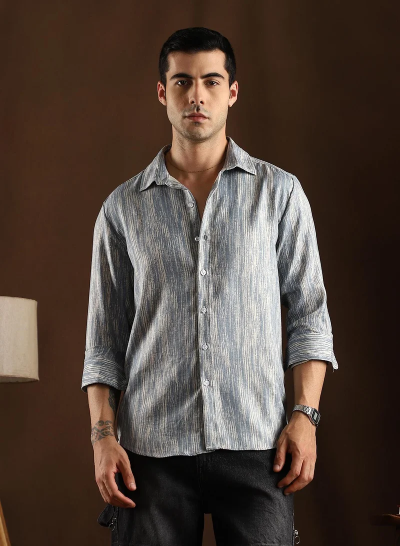 كامبوس سوترا قميص كامبس سوترا رجالي أزرق جليدي وأبيض ديزي بنسيج مشوه للملابس الكاجوال