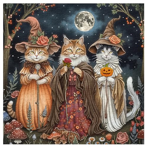 PPuzzling Cat Puzzles for Adults 1000 Pieces Fantasy Witch Cats with Flowers Jigsaw Puzzle Fall Magic Pumpkin Kitten Animal Puzzle - Image 5