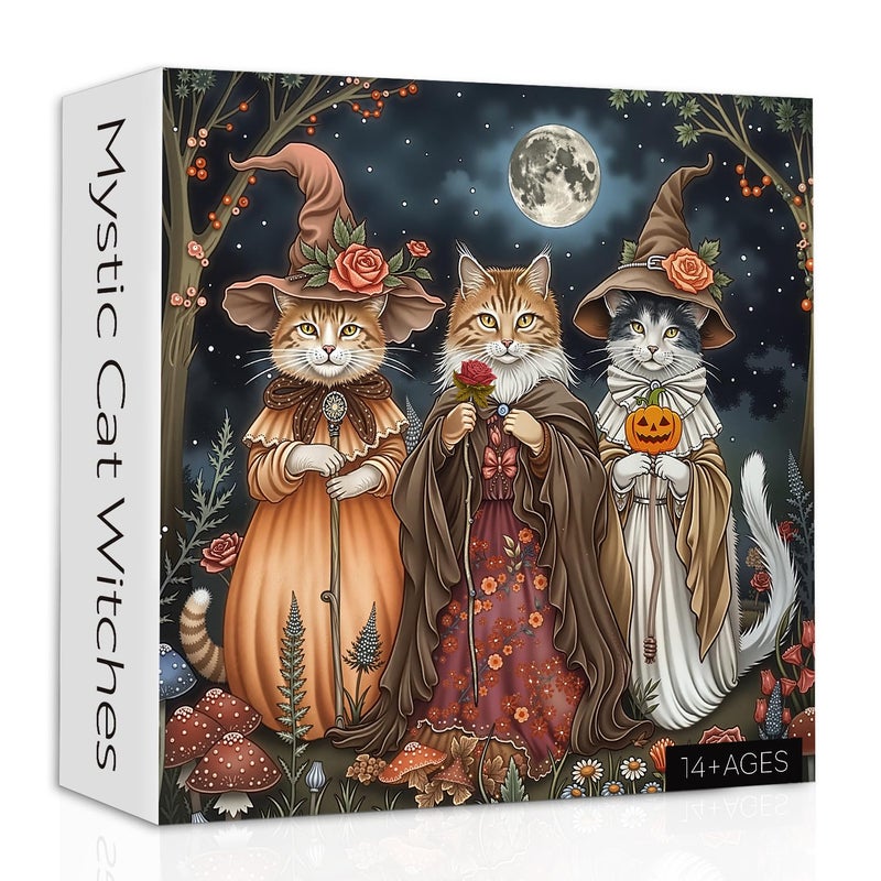 PPuzzling Cat Puzzles for Adults 1000 Pieces Fantasy Witch Cats with Flowers Jigsaw Puzzle Fall Magic Pumpkin Kitten Animal Puzzle - Image 3