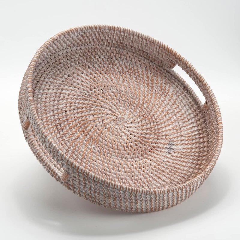 DECRAFTS Coffee Table Tray Round Rattan Ottoman Tray Woven Serving Trays with Handles for Home and Kitchen Decorative White (Large 14 inch x 2.4 inch) - Image 1