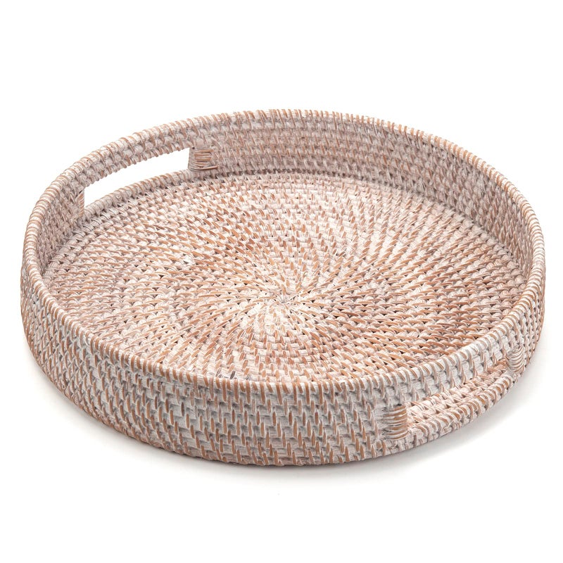 DECRAFTS Coffee Table Tray Round Rattan Ottoman Tray Woven Serving Trays with Handles for Home and Kitchen Decorative White (Large 14 inch x 2.4 inch) - Image 2