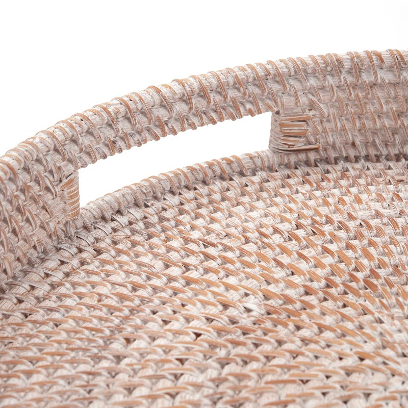 DECRAFTS Coffee Table Tray Round Rattan Ottoman Tray Woven Serving Trays with Handles for Home and Kitchen Decorative White (Large 14 inch x 2.4 inch) - Image 3