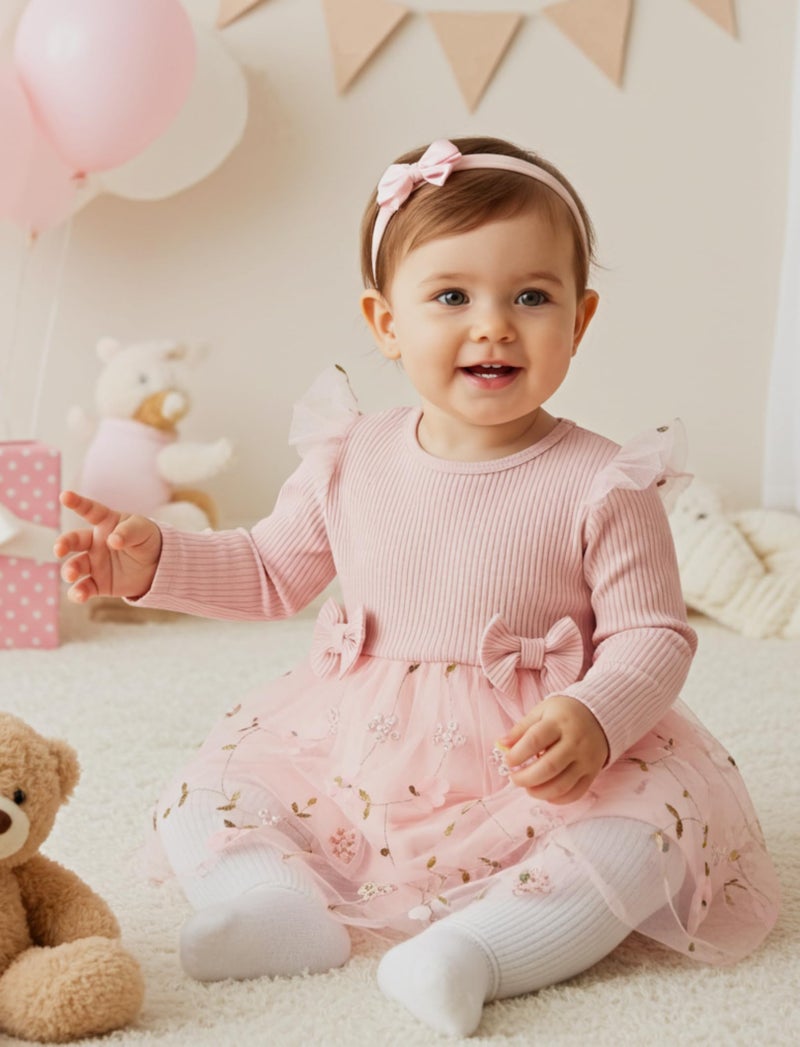 PATPAT Baby Dress Wedding Guest Fall Party Flower Girl Long Sleeve Tulle Fairy Tutu Dresses 3-6 Month Clothes Pink Floral - Image 3