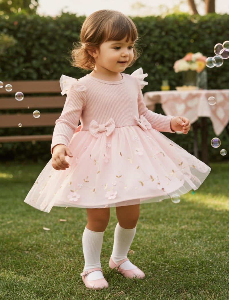 PATPAT Baby Dress Wedding Guest Fall Party Flower Girl Long Sleeve Tulle Fairy Tutu Dresses 3-6 Month Clothes Pink Floral - Image 4
