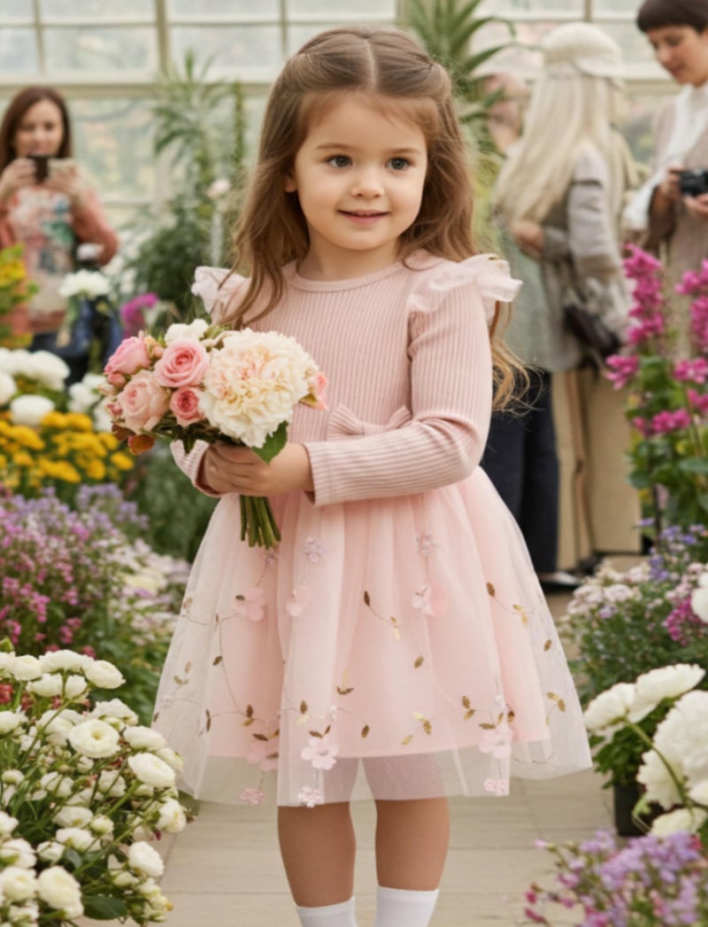 PATPAT Baby Dress Wedding Guest Fall Party Flower Girl Long Sleeve Tulle Fairy Tutu Dresses 3-6 Month Clothes Pink Floral - Image 2