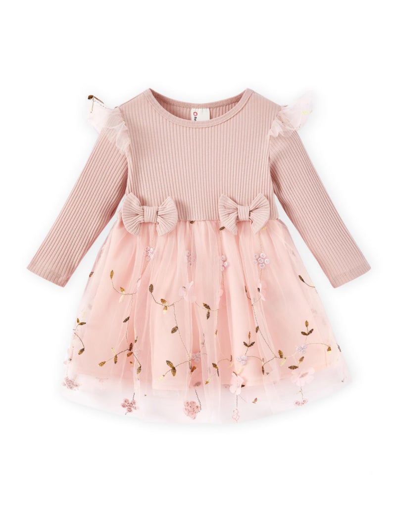 PATPAT Baby Dress Wedding Guest Fall Party Flower Girl Long Sleeve Tulle Fairy Tutu Dresses 3-6 Month Clothes Pink Floral - Image 1