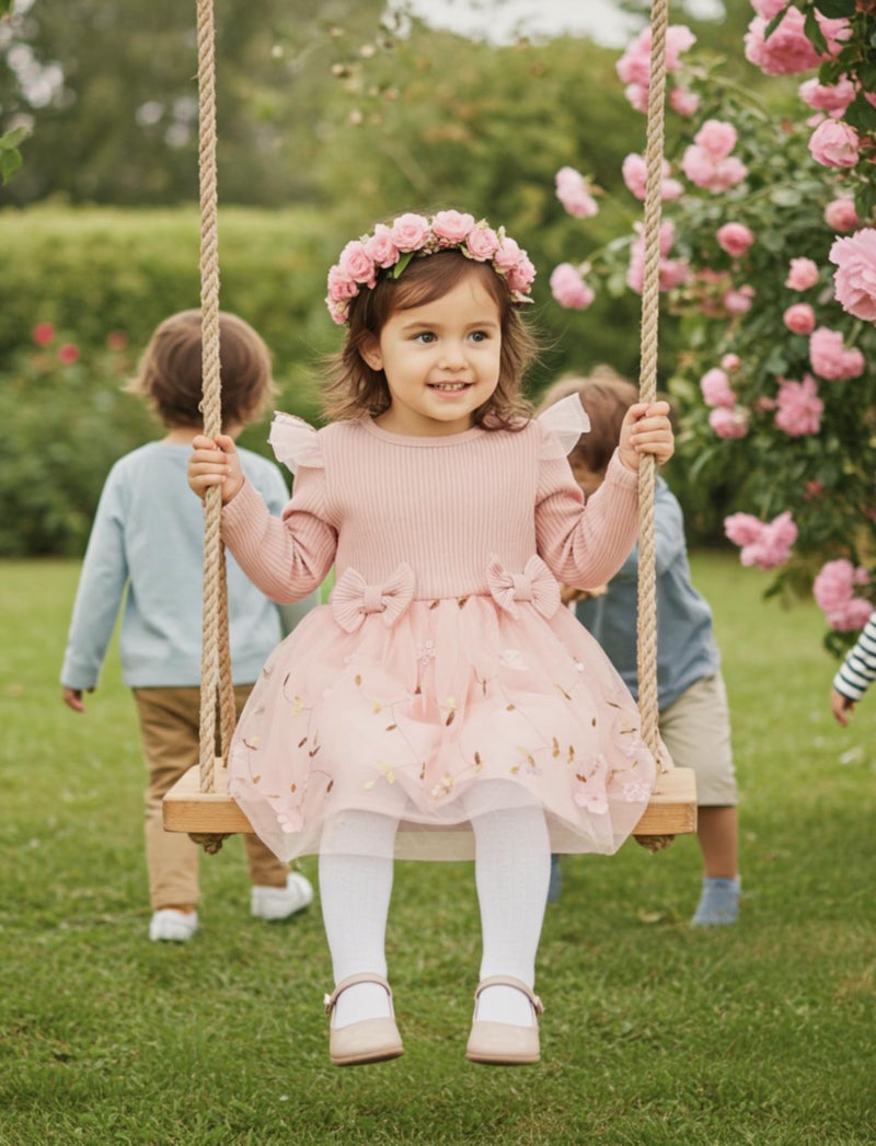 PATPAT Baby Dress Wedding Guest Fall Party Flower Girl Long Sleeve Tulle Fairy Tutu Dresses 3-6 Month Clothes Pink Floral - Image 5