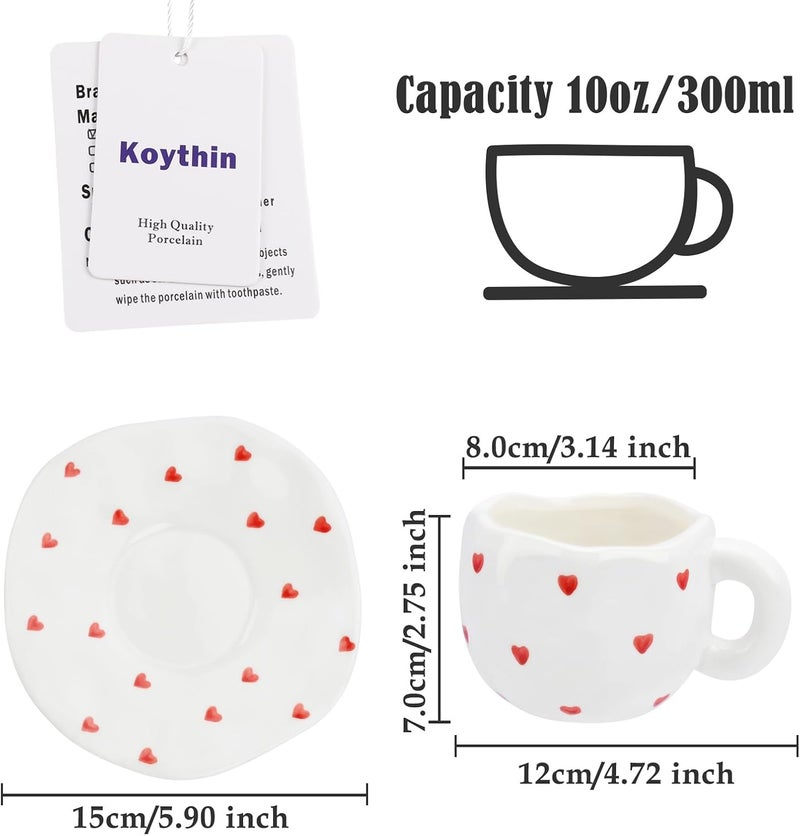 Koythin Ceramic Coffee Mug with Saucer, Cute Red Heart Cup for Women for Office and Home, Couple Cups for Girlfriends, 10 oz/300 ml for Latte Tea Milk (Small Red Heart) - Image 2