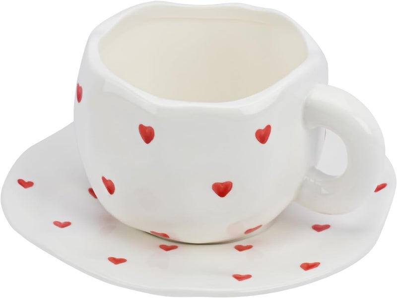 Koythin Ceramic Coffee Mug with Saucer, Cute Red Heart Cup for Women for Office and Home, Couple Cups for Girlfriends, 10 oz/300 ml for Latte Tea Milk (Small Red Heart) - Image 1