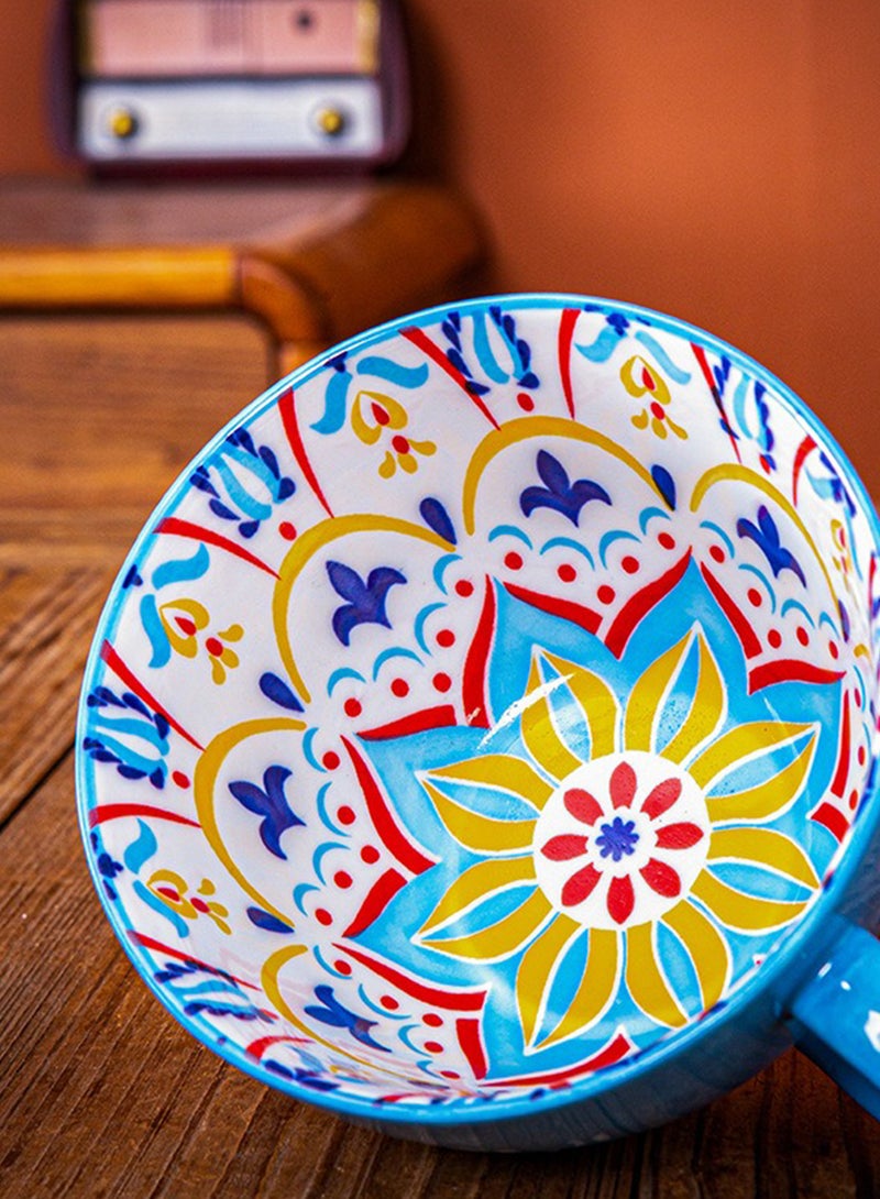 Ceramic Coffee Mug with Handle, Versatile Bohemian Style Gand-Painted Cup for Oatmeal, Milk, Fattoush, Oven, Dishwasher and Microwave Safe, 550ml (White Blue) - Image 4
