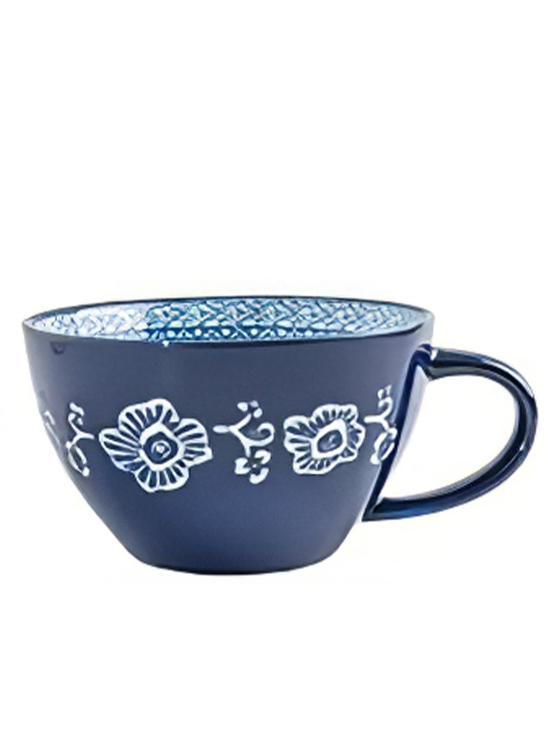 Ceramic Coffee Mug with Handle, Versatile Bohemian Style Gand-Painted Cup for Oatmeal, Milk, Fattoush, Oven, Dishwasher and Microwave Safe, 550ml (White Blue) - Image 1