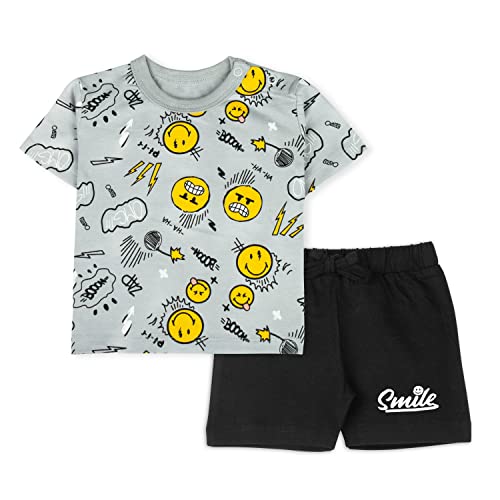 ARIEL Baby Boys & Baby Girls Cotton Printed Round Neck Half Sleeve T-Shirt & Short Trendy Summer Clothing Sets(AR-BHALFSS-912-Black-smileaop_Multicolor_9 Months - 12 Months) - Image 1
