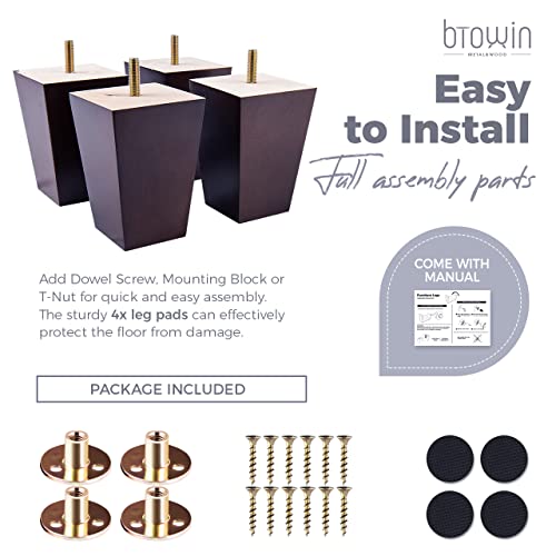 Btowin 6 inch Solid Wood Furniture Legs, 4Pcs Mid-Century Modern Wooden Pyramid Replacement Feet with Threaded 5/16'' Hanger Bolts & Mounting Plate & Screws for Sofa Couch Chair Recliner - Image 4