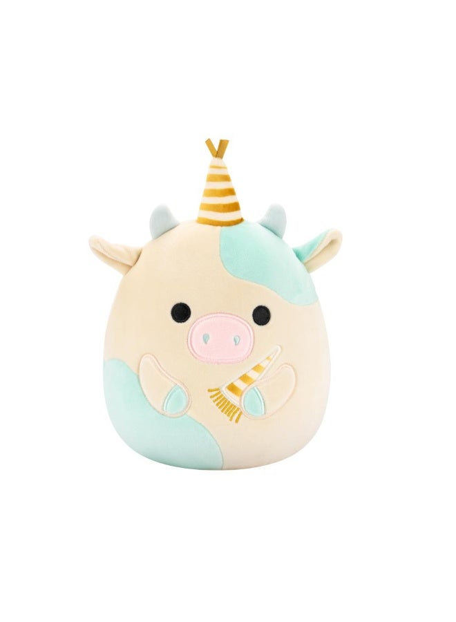 Squishmallows SQCR - Little Plush (7.5 Inch Squishmallows) (Belana - Aqua Spotted Cow With Gold Birthday Hat and Party Horn) - Image 1