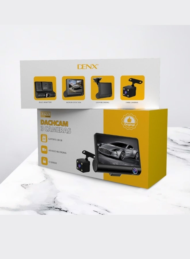 دينكس كاميرا سيارة احترافية DENX DX3618 بدقة عالية مع 3 كاميرات أمامية وخلفية وداخلية – شاشة 4 إنش HD، تدعم بطاقة 128GB، تسجيل بحلقة، مستشعر حركة و G-Sensor لحماية الفيديوهات، رؤية ليلية ومراقبة ذكية. - Image 4