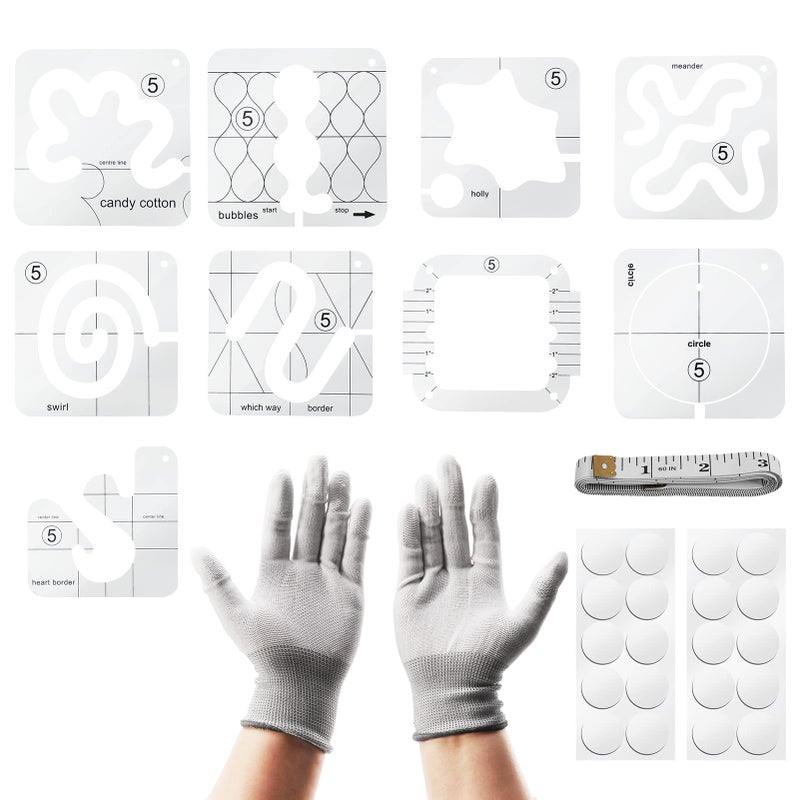 SYCOOVEN SYCOOVEN 13 PCs Free Motion Quilting Template Set Includes 8 Quilting Templates Quilting Frame Quilting Gloves Ruler and Quilting Stickers for DIY Quilting on Sewing Machine 