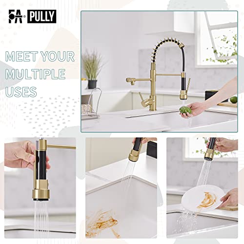 Fapully Brushed Gold Kitchen Faucet with Pull Down Sprayer, Single Handle Commercial Brass Kitchen Sink Faucets with 3 Way Drinking Kitchen Faucet, for Water Filtration System or Pot Filler Faucet in Gold - Image 4