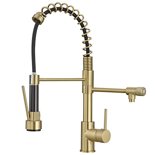Fapully Brushed Gold Kitchen Faucet with Pull Down Sprayer, Single Handle Commercial Brass Kitchen Sink Faucets with 3 Way Drinking Kitchen Faucet, for Water Filtration System or Pot Filler Faucet in Gold - Image 1