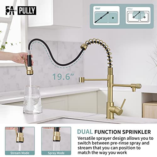 Fapully Brushed Gold Kitchen Faucet with Pull Down Sprayer, Single Handle Commercial Brass Kitchen Sink Faucets with 3 Way Drinking Kitchen Faucet, for Water Filtration System or Pot Filler Faucet in Gold - Image 2