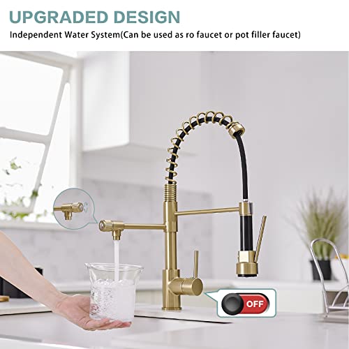 Fapully Brushed Gold Kitchen Faucet with Pull Down Sprayer, Single Handle Commercial Brass Kitchen Sink Faucets with 3 Way Drinking Kitchen Faucet, for Water Filtration System or Pot Filler Faucet in Gold - Image 3