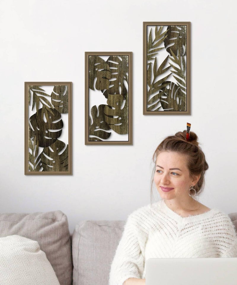 Putuo Decor Tropical Leaf Wall Art, Monstera Palm Leaves Natural Aesthetic Boho Decor, Set of 3 Modern Botanical Art for Living Room, Bedroom, Bathroom, Office 16x8 Inch - Image 4