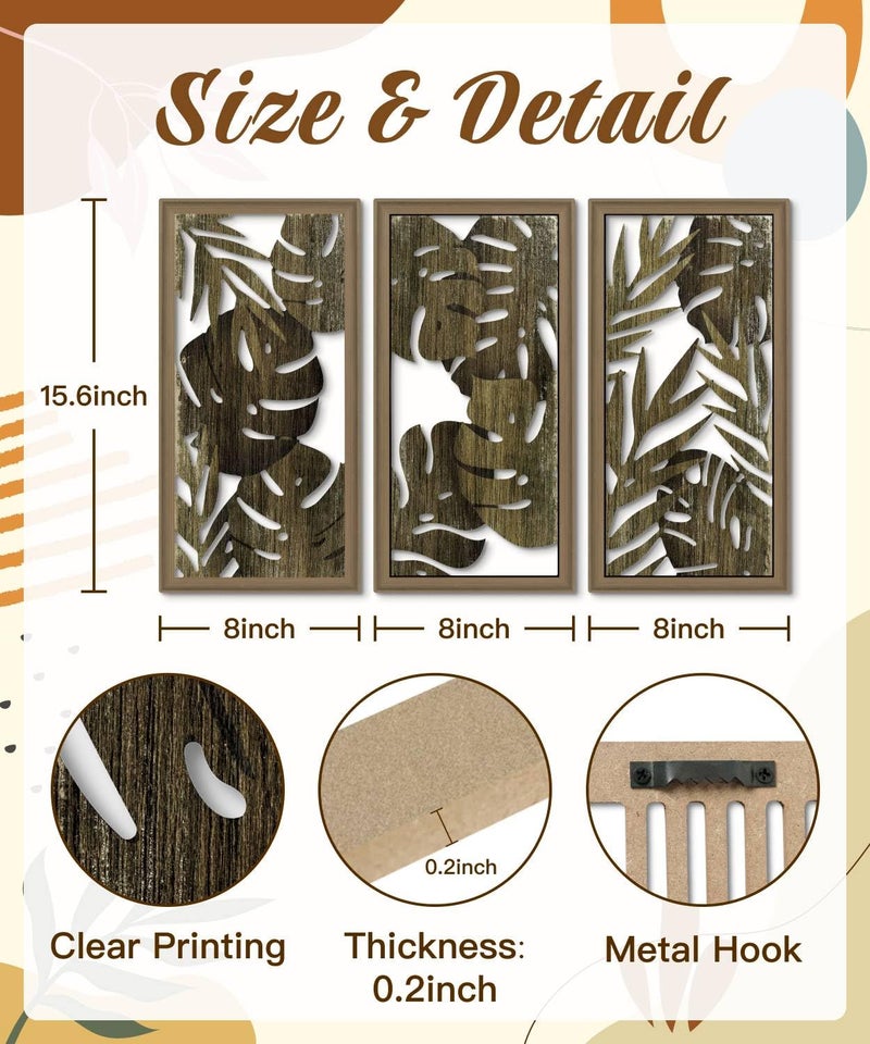 Putuo Decor Tropical Leaf Wall Art, Monstera Palm Leaves Natural Aesthetic Boho Decor, Set of 3 Modern Botanical Art for Living Room, Bedroom, Bathroom, Office 16x8 Inch - Image 2