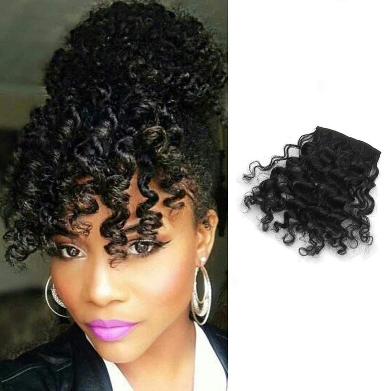 Shinon Curly Bangs Human Hair Clip in Bangs Hair Extension Real 10 A Curly Hair Bangs Black Color - Image 1
