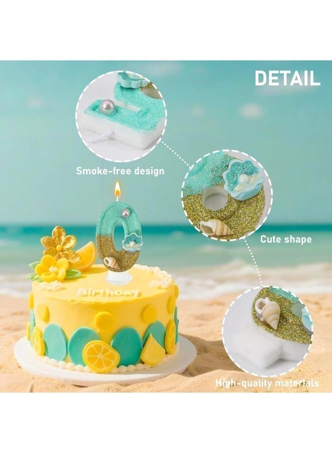 LAMAY Birthday Candles, Blue Beach Number 0 Candles Decorated with Conchs and Pearls for Cake Topper, Suitable for Mermaid Cake Decorations, Ocean Theme Birthday Decor (Number 0, Blue) - Image 2