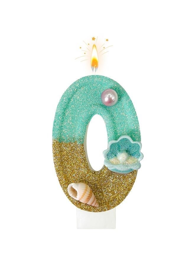 LAMAY Birthday Candles, Blue Beach Number 0 Candles Decorated with Conchs and Pearls for Cake Topper, Suitable for Mermaid Cake Decorations, Ocean Theme Birthday Decor (Number 0, Blue) - Image 1