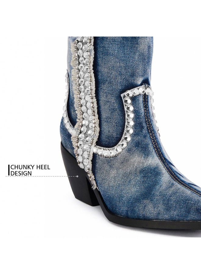 driceic Women Denim Rhinestones Cowboy Mid Calf Boots Almond Pointed Chunky Block Heel Western Boots Rhinestones Blue 6 - Image 3