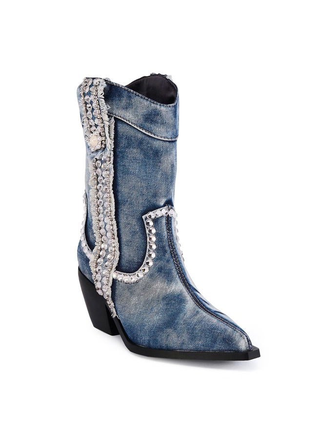 driceic Women Denim Rhinestones Cowboy Mid Calf Boots Almond Pointed Chunky Block Heel Western Boots Rhinestones Blue 6 - Image 1