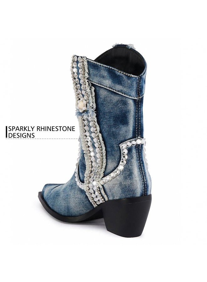 driceic Women Denim Rhinestones Cowboy Mid Calf Boots Almond Pointed Chunky Block Heel Western Boots Rhinestones Blue 6 - Image 4