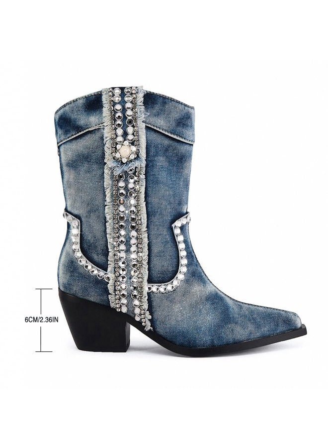 driceic Women Denim Rhinestones Cowboy Mid Calf Boots Almond Pointed Chunky Block Heel Western Boots Rhinestones Blue 6 - Image 5