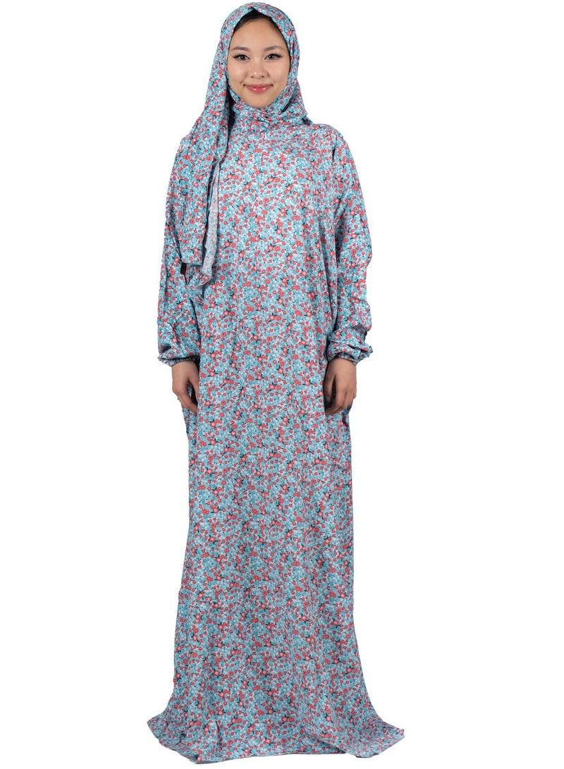 أبشر فستان صلاة بطبعة زهور، طول كامل مع شال، جلابية إسلامية من قطعة واحدة بأكمام طويلة، مقاس واحد