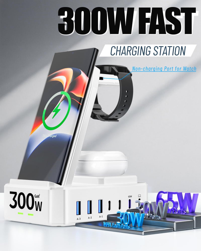 zutspzss 300W Wireless Charger for Samsung,Zutspzss 10 in 1 Wireless Charging Station, 65W USB C Fast Charging Stand for Samsung S25 Ultra/S24/S23/S22/Z Fold,Galaxy Watch Ultra7/6/5,Galaxy Buds,White - Image 3