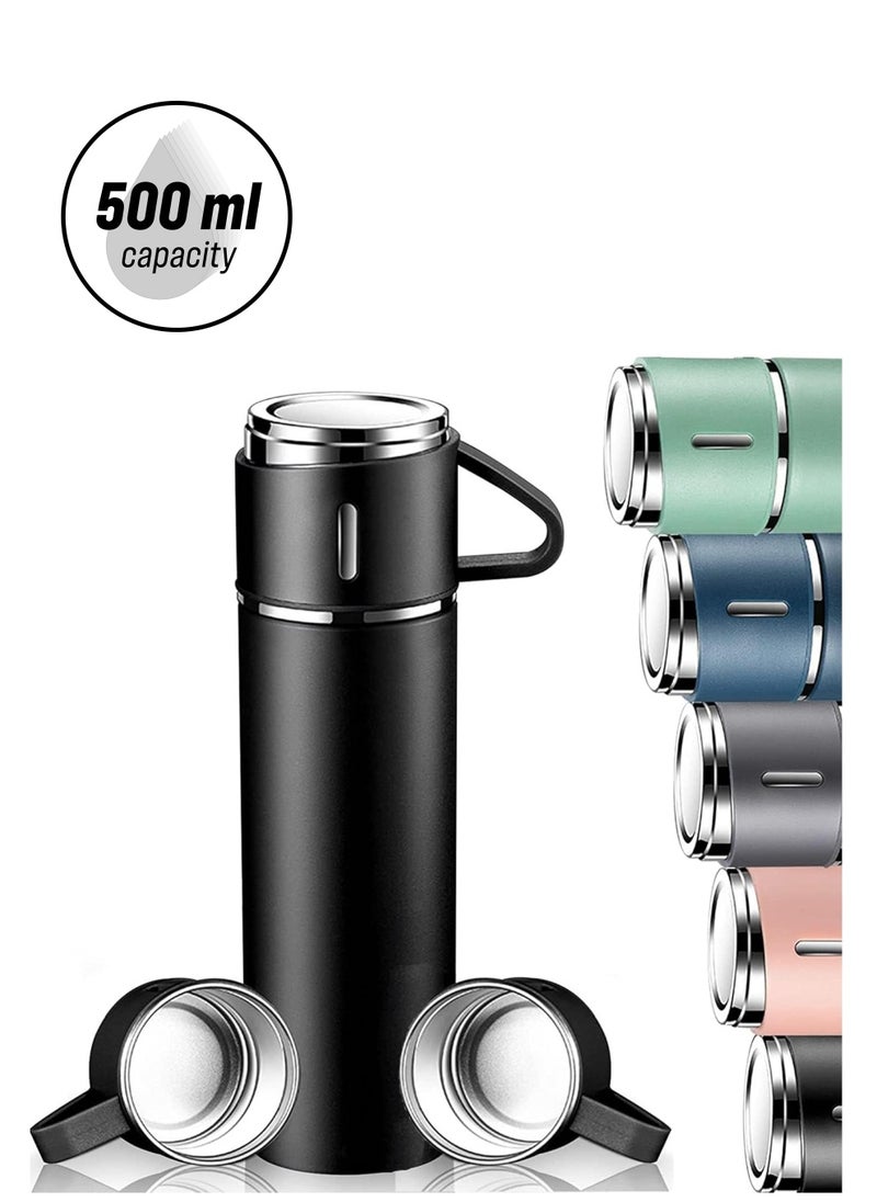 JAJEEK 500ml Stainless Steel Vacuum Thermos Flask with Silicone Handle Insulated Water Bottle with 2 Stainless Steel Cups Set for Hot & Cold Outdoor Travel | Gift Box (2 PACK, BLACK) – Ideal for Hiking, Camping, and Travel  - Image 1