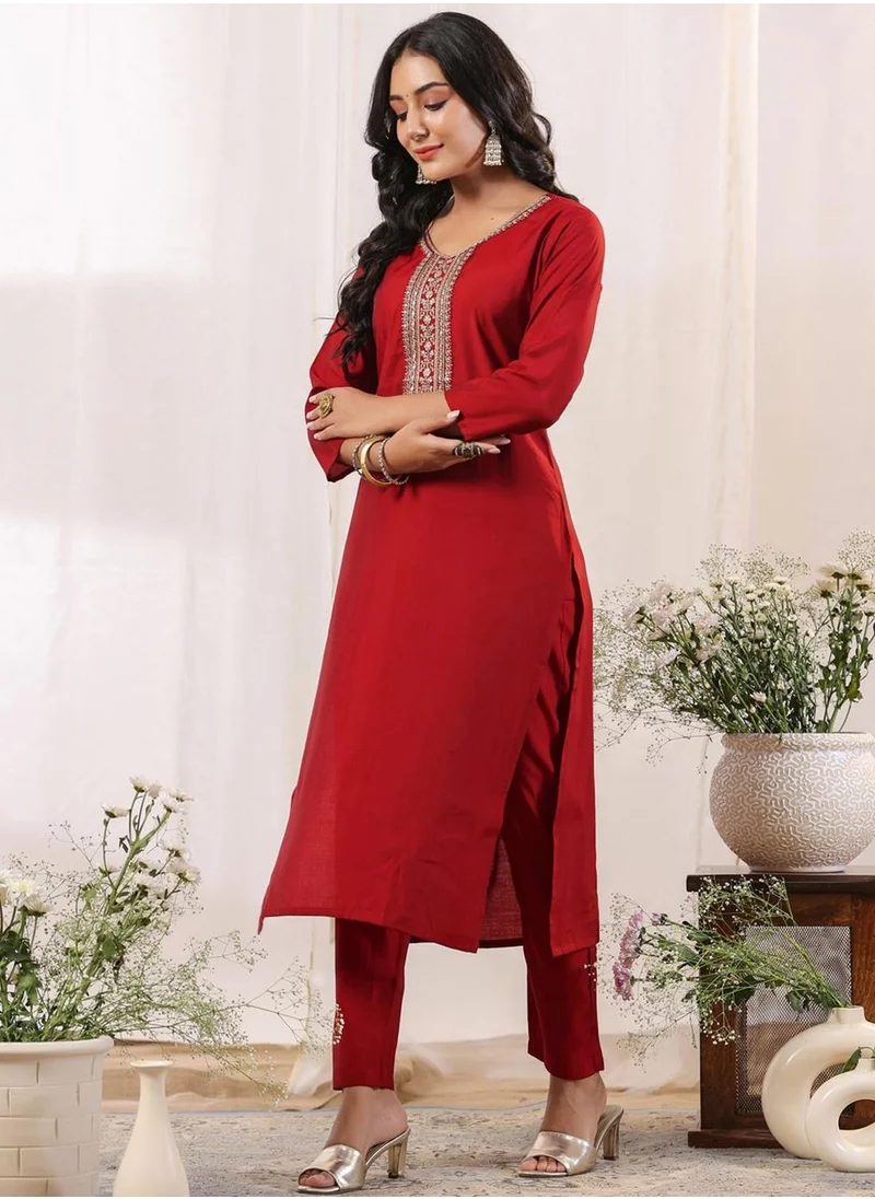 آي شين Women's Maroon Polyester Blend Embellished Tunic Full Length Casual Straight Fit Kurta Set