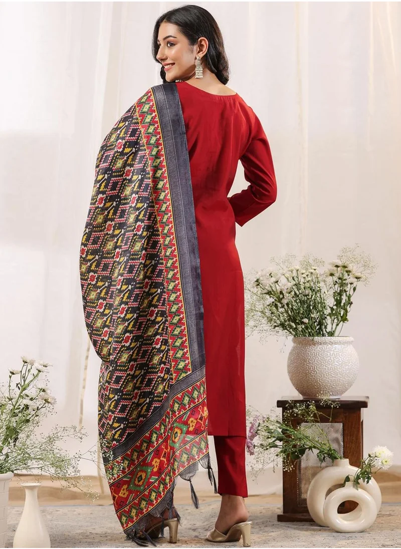 آي شين Women's Maroon Polyester Blend Embellished Tunic Full Length Casual Straight Fit Kurta Set