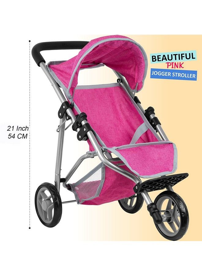 fash n kolor Baby Doll Stroller With Adjustable Canopy & Toy Storage Basket Foldable Baby Stroller For Pretend Play Denim Pink - Image 3