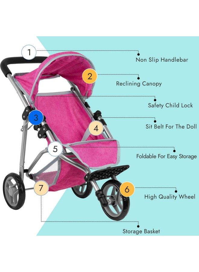 fash n kolor Baby Doll Stroller With Adjustable Canopy & Toy Storage Basket Foldable Baby Stroller For Pretend Play Denim Pink - Image 4