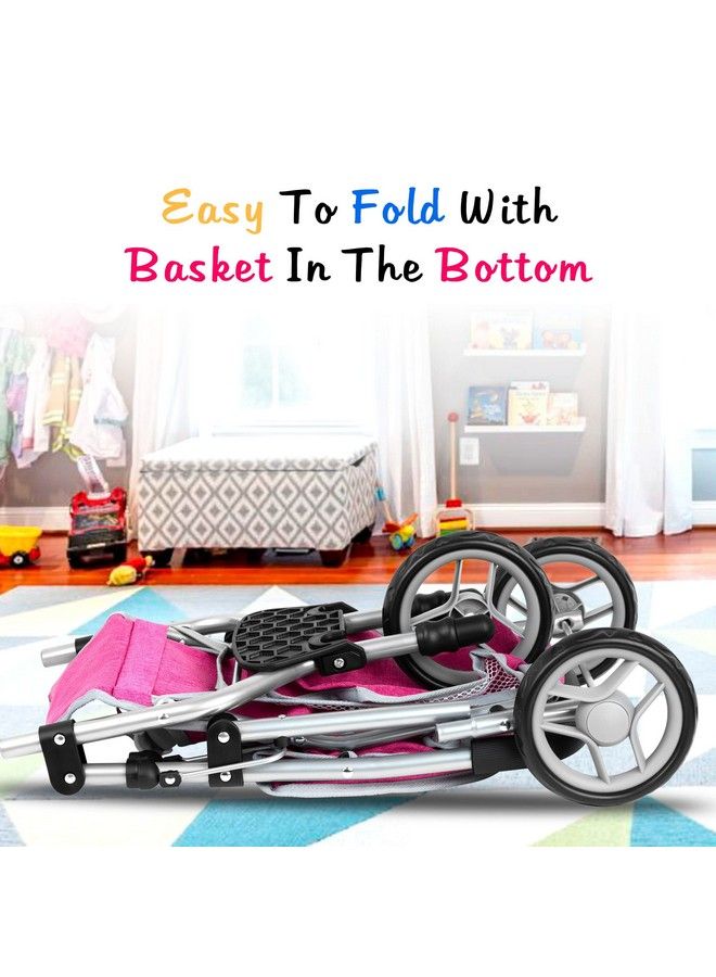 fash n kolor Baby Doll Stroller With Adjustable Canopy & Toy Storage Basket Foldable Baby Stroller For Pretend Play Denim Pink - Image 5