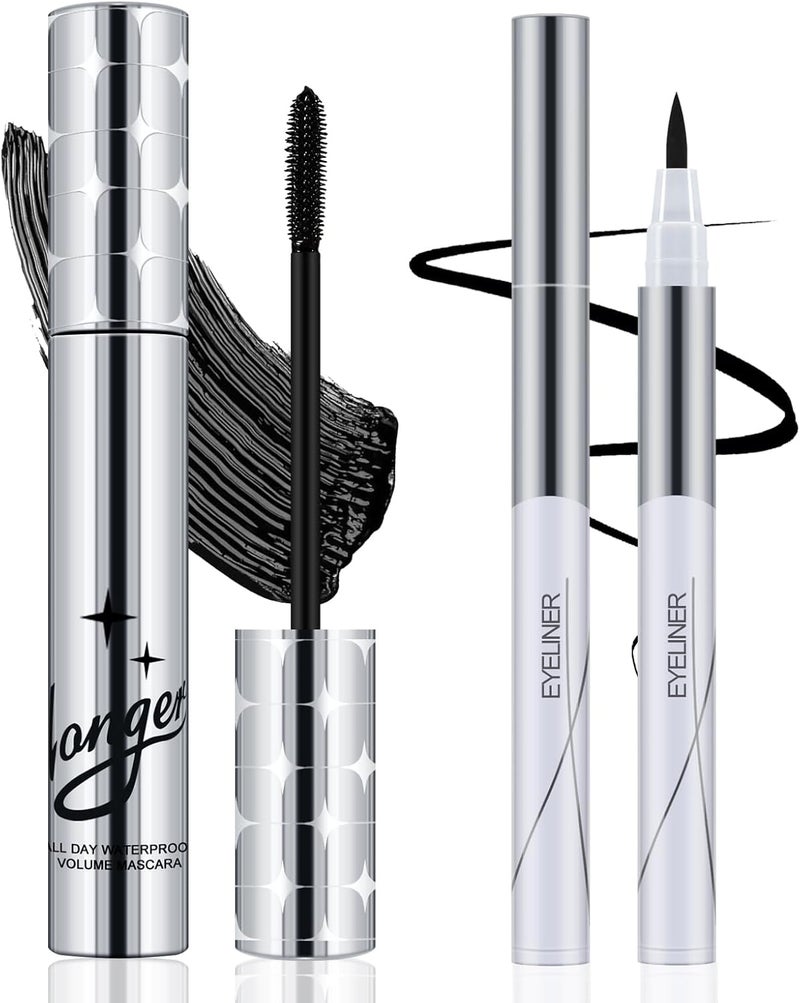 Apooliy Black Mascara and Liquid Eyeliner DuoWaterproof SmudgeProof AllDay Wear Eye Makeup Set for Bold Dramatic Eyes2Pcs